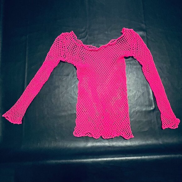 Vintage Y2K Neon Pink Stretchy Mesh Fishnet Rave Top - Picture 1 of 4
